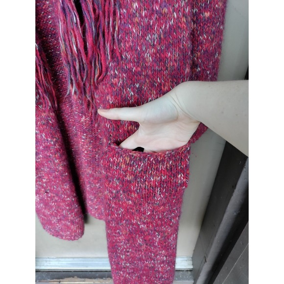Lucky Brand Long Open Front Cardigan Dark Red Chunky Knit Wool Blend Size Medium - Picture 3 of 8